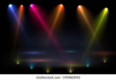 Set of spotlights on a black background with smoke and sparks. Vector illustration.