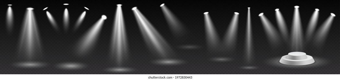 Set of spotlights on dark background: light beam illumination for stage, podium pedestal, event presentation or concert. Realistic performance floodlight from projector. Vector illustration