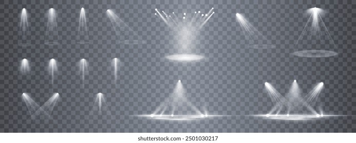 Set of spotlights PNG lights. Spotlight with point directional light isolated on transparent background..