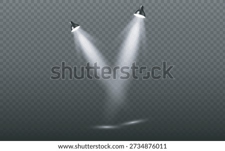 A set of spotlights shines on the stage, scene, and podium. Bright lighting with spotlights. Spotlighting of the stage. Lens flashlight effect from a lamp or spot.