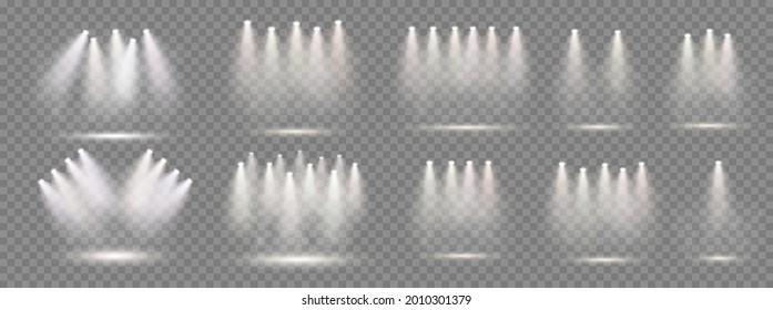 Set with spotlights with smoke and scene. Transparent isolated vector for your design.