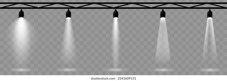 Conjunto de luzes de spot, fonte de luz vetorial. Luz do centro das atenções. Png de iluminação de estúdio. Efeito de luz.