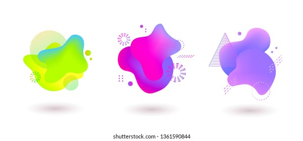 Set of spots with abstract elements for trendy green, purple and pink color design, vector illustration on isolated background.