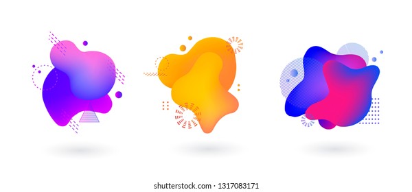 Set of spots with abstract memphis elements for trendy blue, yellow and pink color design, vector illustration on isolated background.
