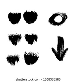 Set of spots, lines, elements painted in black paint. Acrylic paint. Set of brushes. Vector.