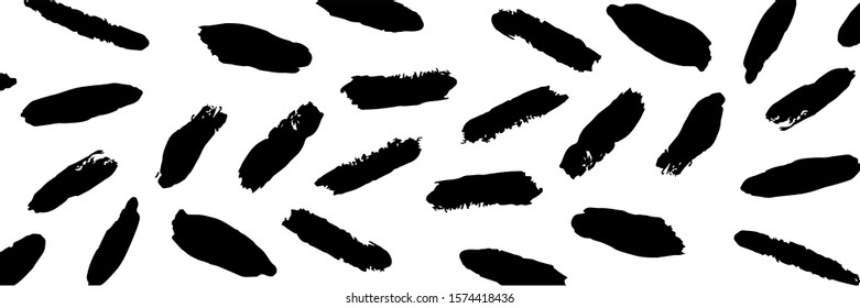 Set of spots, lines, elements painted in black paint. Acrylic paint. Set of brushes. Vector
