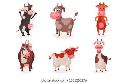 Set of spotted cartoon cows. Vector illustration.