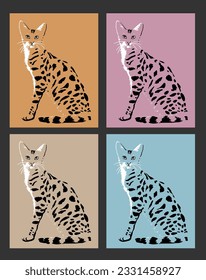 Set of spotted serval cat on colored background