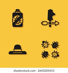Set Spray against insects, Colorado beetle, Farmer worker hat and Rooster weather vane icon with long shadow. Vector