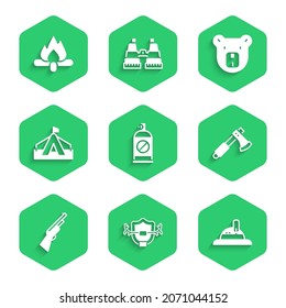 Set Spray against insects, Deer antlers on shield, Hunter hat, Wooden axe, Hunting gun, Tourist tent, Bear head and Campfire icon. Vector