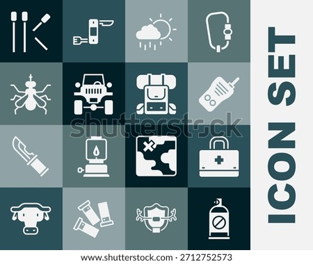 Set Spray against insects, First aid kit, Walkie talkie, Cloud with rain, Off road car, Mosquito, Matches and Hiking backpack icon. Vector