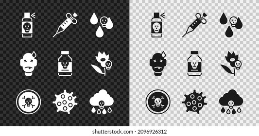 Set Spray against insects, Syringe, Acid rain, Bones and skull, Bacteria, Man poisoning and Poisoned pill icon. Vector