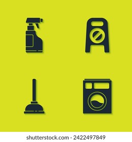 Coloque el frasco de Spray con líquido detergente, lavadora, émbolo de goma y suelo húmedo y el icono de limpieza en curso. Vector