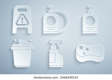 Set Spray bottle with detergent liquid, Hand sanitizer, Bucket soap suds, Sponge, Dishwashing plate and Wet floor cleaning progress icon. Vector