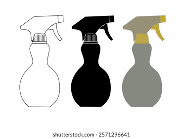 Set of spray bottle silhouettes with black, white, and gray versions, ideal for cleaning, household, or industrial design concepts and icons.