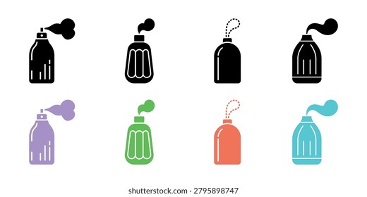 Set of spray bottles in black white green purple orange and teal with various nozzle designs for product packaging and branding