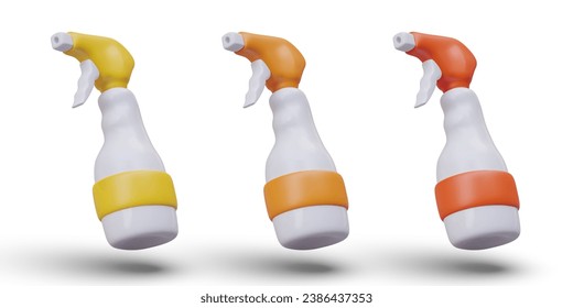 Set of spray bottles in different colors. Trigger pistol spray cleaner. Isolated realistic images with shadows. Icons for website of household goods, mockup for advertising detergents
