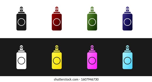 Set Spray can for air freshener, hairspray, deodorant, antiperspirant icon isolated on black and white background.  Vector Illustration