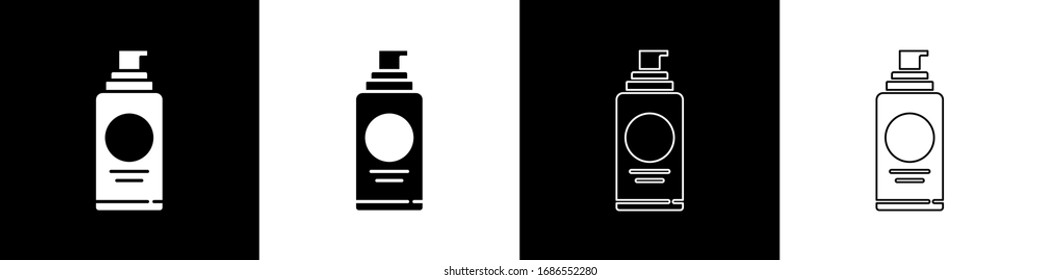 Set Spray can for hairspray, deodorant, antiperspirant icon isolated on black and white background.  Vector Illustration