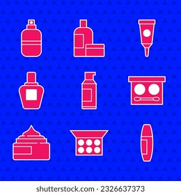 Set Spray can for hairspray, Makeup powder with mirror, Mascara brush, Eye shadow palette, Cream lotion cosmetic tube, Perfume,  and  icon. Vector