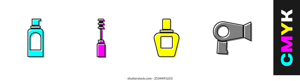 Set Spray can for hairspray, Mascara brush, Perfume and Hair dryer icon. Vector