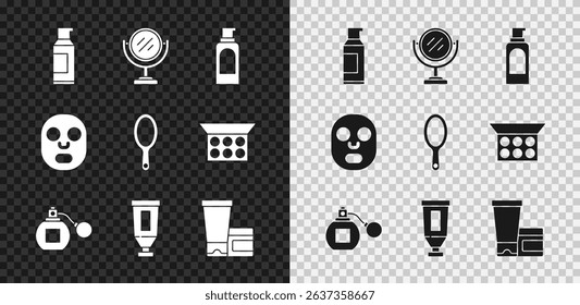 Set Spray can for hairspray, Round makeup mirror, Perfume, Cream lotion cosmetic tube, Facial mask and Hand icon. Vector