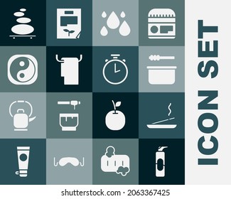 Set Spray can for hairspray, Scented spa stick, Sauna bucket and ladle, Water drop, Towel on hanger, Yin Yang, Stack hot stones and Stopwatch icon. Vector