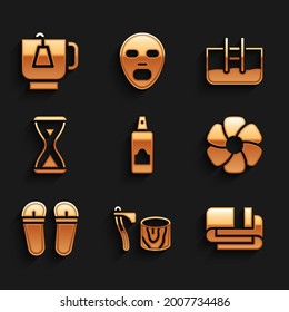 Set Spray can for hairspray, Wooden axe in stump, Towel stack, Flower, Flip flops, Sauna hourglass, Swimming pool with ladder and Cup of tea tea bag icon. Vector