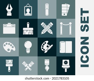 Set Spray can nozzle cap, Paper towel roll, Exhibition of paintings, Marker pen, Paint brush, Graphic tablet, Fountain nib and Crossed pencil with eraser icon. Vector