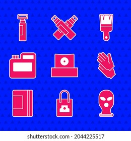 Set Spray can nozzle cap, Balaclava, Rubber gloves, Spiral notebook, Paint, gouache, jar, dye, brush and Marker pen icon. Vector