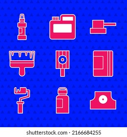 Set Spray can nozzle cap, Paint, gouache, jar, dye, Spiral notebook, roller brush,  and Marker pen icon. Vector
