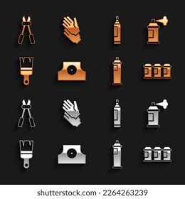Set Spray can nozzle cap, Paint spray, brush, Marker pen, Bolt cutter and Rubber gloves icon. Vector