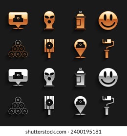 Set Spray can nozzle cap, Smile face, Paint roller brush, spray,  and Balaclava icon. Vector