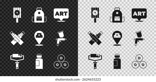 Set Spray can nozzle cap, School backpack, Speech bubble with text art, Paint roller brush, Paint, gouache, jar, dye, spray, Marker pen and  icon. Vector