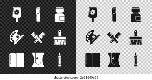 Set Spray pode bocal cap, caneta marcador, pintura, guache, jar, corante, rolo de toalha de papel, apontador de lápis, cera lápis de cera para desenho, pincel com paleta e ícone de tinta cruzada. Vetor