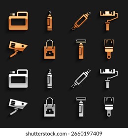 Set Spray pode tampa de bocal, pincel de rolo de tinta, caneta marcador, câmera de segurança, Paint, guache, jar, tintura e ícone. Vetor