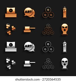 Set Spray can nozzle cap, Paint spray, Balaclava, Marker pen attachment,  and Speech bubble with text art icon. Vector