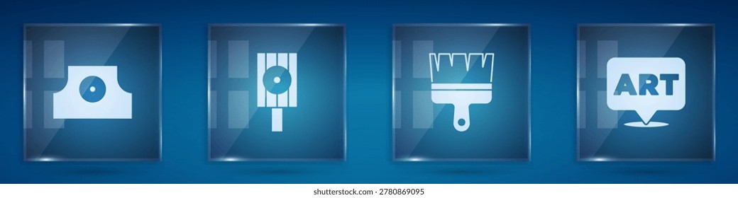 Set Spray can nozzle cap, , Paint brush and Speech bubble with text art. Square glass panels. Vector