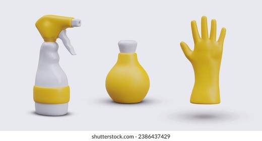 Conjunto de detergente para pulverización, botella con cosmético y guante en colores amarillos. Concepto general de limpieza de la casa. Ilustración vectorial en 3d estilo realista en colores amarillos