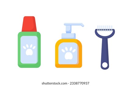 Set of spray for dogs concept. Beauty equipment for pets. Cleaning and soap for domestic animals. Template, layout and mock up. Cartoon flat vector collection isolated on white background