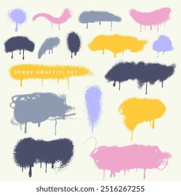 Set of spray graffiti element. Splatter vector brush drip, urban street grunge. Template hand writing stain grunge splash, dirty messy airy stroke, ink, circles. Spray vector graffiti pastel splash.