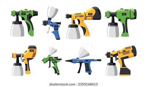 Set of Spray Guns. Handheld Devices Used For Spraying Liquids, Like Paint Or Pesticides, Onto Surfaces, Vector