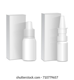 Set of Spray Nasal or Eye Antiseptic Drugs. White Plastic Bottle With Box. Common Cold, Allergies. Vector Realistic Mock Up for your design