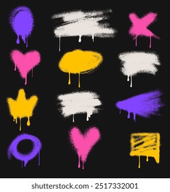 Set of spray paint abstract vector street art elements. Collection of colorful bold and thick strokes, crown, heart  with spray texture and ink drips. Graffiti style background. Ink splatters street.