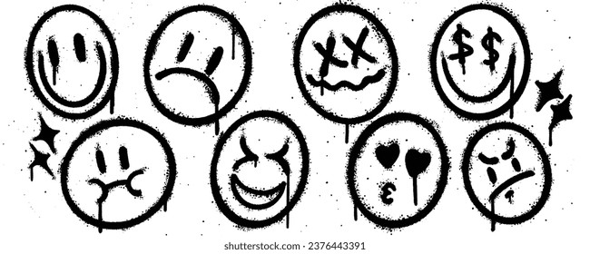 Set spray paint. Collection of smile, sad, unlucky, face money, unaware, kiss, angry Isolated Vector