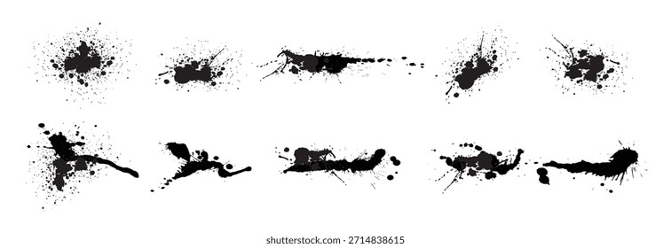 Conjunto de gotas de pintura en aerosol, manchas negras o salpicaduras de tinta. Blobs o manchas de tinta con efecto graffiti sucio grunge. Cepille las manchas o manchas de tinta con salpicaduras o gotas. Elementos de diseño de Vector en estilo callejero.