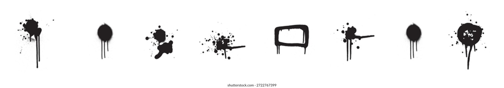 Set aus Sprühfarben-Tropfen, schwarzen Flecken oder Tintenspritzern. Blobs oder Tintenflecken mit Graffiti-Schmutzgrunge-Effekt. Flecken oder Tintenkleckse mit Spritzer oder Tropfen bestreichen. Vektordesign-Elemente im Street Style.