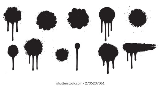 Conjunto de gotas de pintura en aerosol, manchas negras o salpicaduras de tinta. Manchas o manchas de tinta con efecto graffiti sucio grunge. Cepille las manchas o manchas de tinta con salpicaduras o gotas. Elementos de diseño de Vector en estilo callejero.