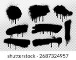 Set of spray paint elements isolated on transparent background, lines and drips black ink splatters, Ink blots. Collection of vector street style. Spray spot drips graffiti style background.