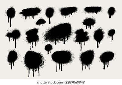 Set of spray paint elements isolated on white background, lines and drips black ink splatters, Ink blots set. Vector Street style. Collection of graffiti spray banner. Spray paint shapes with smudges.